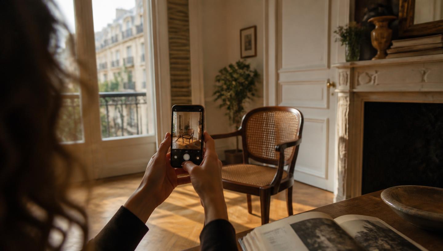 Persona fotografiando una silla con el celular para publicarla
